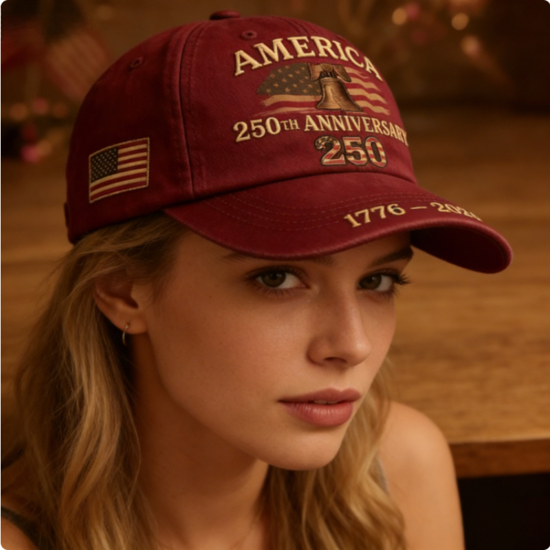 2 United States 250th Anniversary Baseball Caps | Patriotic Unisex Adjustable Hats for Men and Women with Commemorative Pin, Vintage Style, Knit Fabric, Flat Embroidery