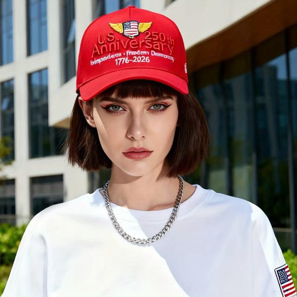 1pc 250th Anniversary Flag - 1776-2026 Embroidered Independence, Freedom & 250 Years Design, Red/White/Blue Patriotic Hat with Winged Emblem, All-Season Casual Wear for 4th of July & National Celebrations