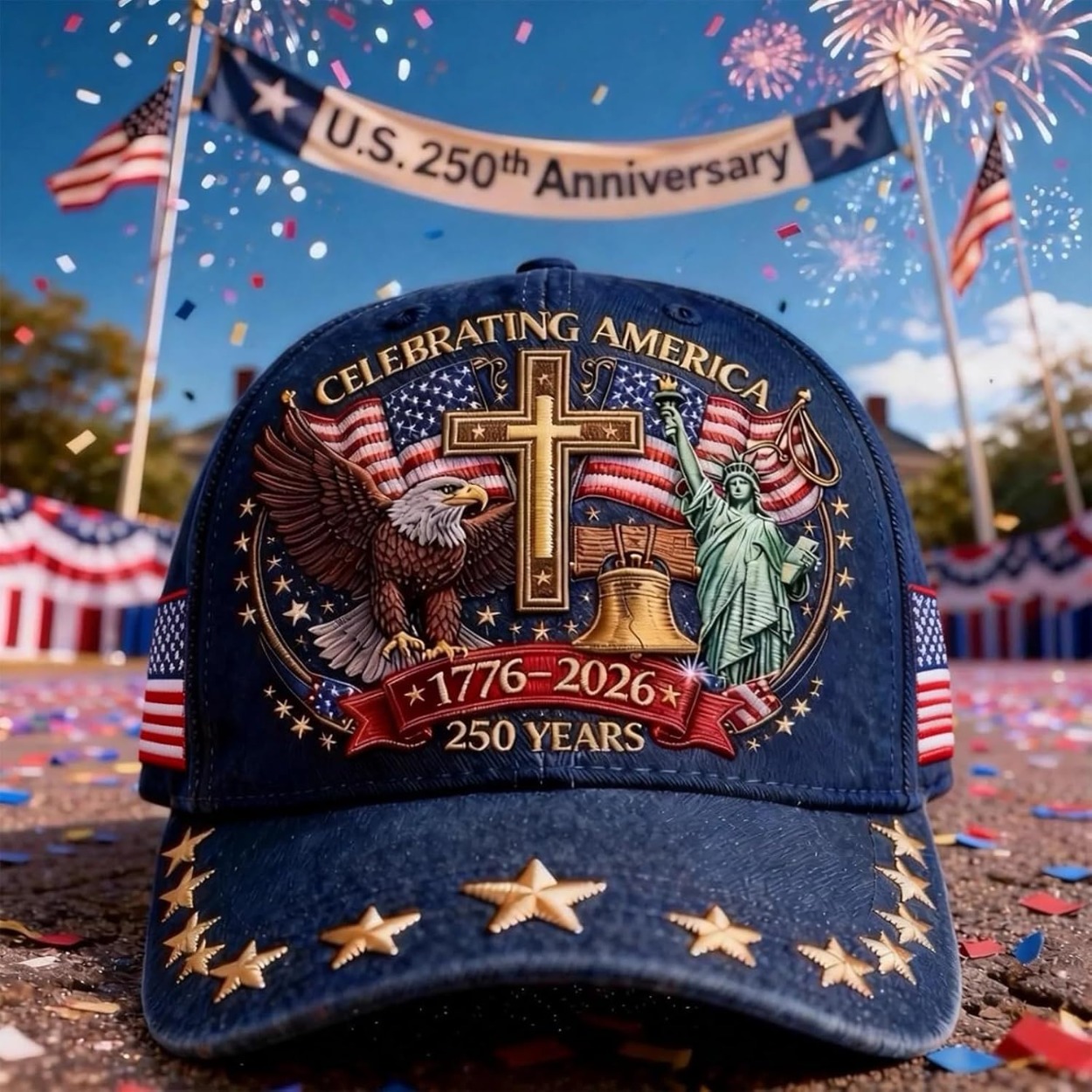 product-open-99c8e0ace1fb4b0d93ce74f1e7c4d3c1-goods 250th Anniversary of the Founding of the United States Commemorative Cap – Eagle design, symbolizing freedom and the cross | Adjustable patriotic baseball cap - Image 1